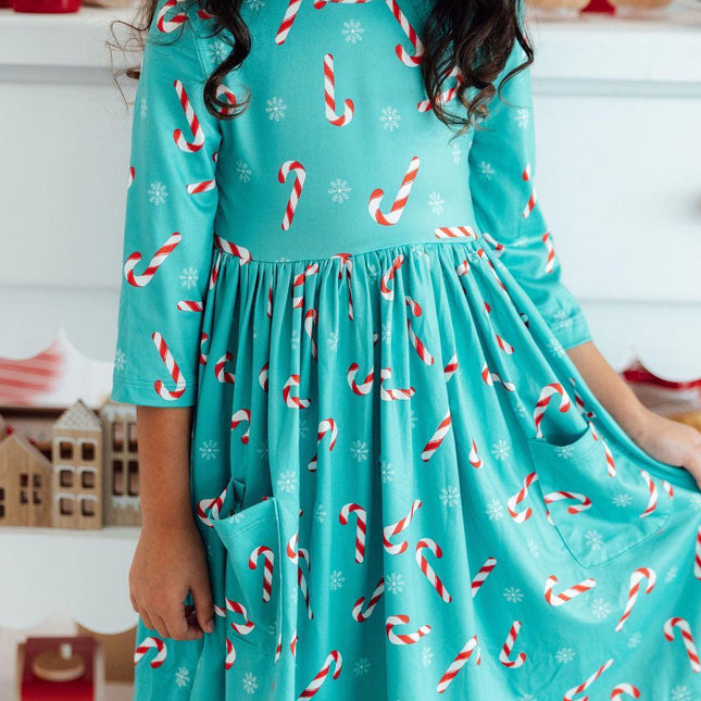 Christmas Candy 3/4 Sleeve Pocket Twirl Dress - Dashing Nova