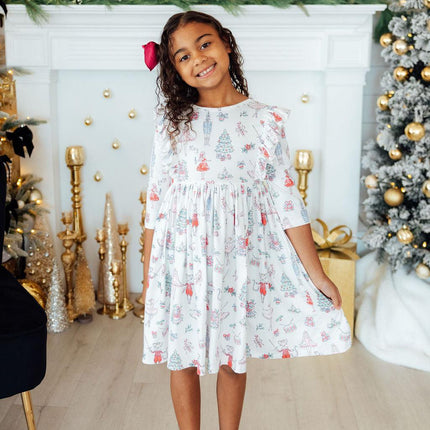 Clara's Christmas 3/4 Sleeve Ruffle Twirl Dress - Dashing Nova