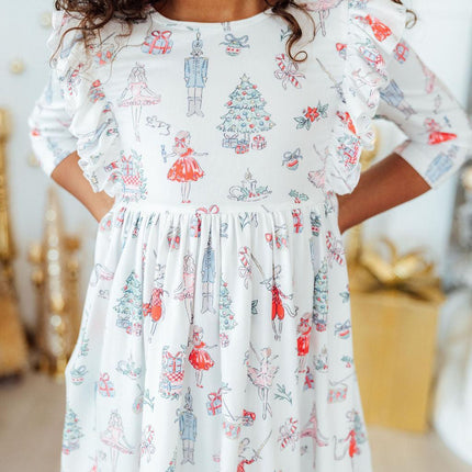 Clara's Christmas 3/4 Sleeve Ruffle Twirl Dress - Dashing Nova