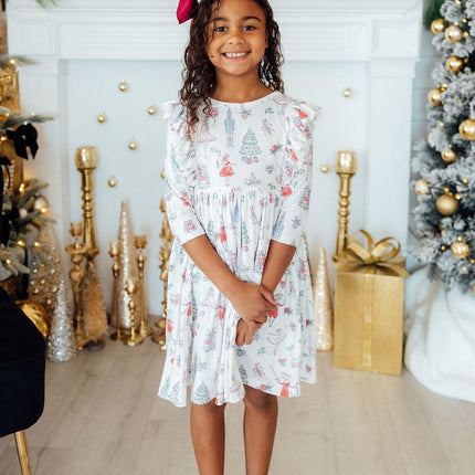 Clara's Christmas 3/4 Sleeve Ruffle Twirl Dress - Dashing Nova