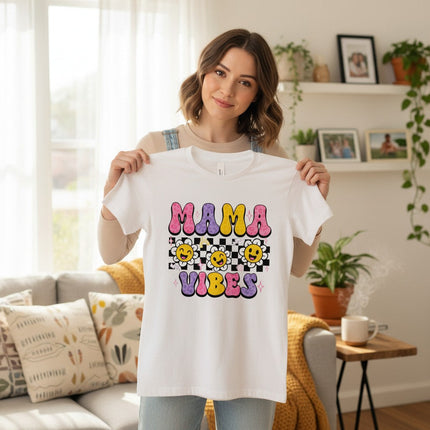 Trendy Checkerboard Mama Vibes Shirt 100% Cotton Short Sleeve Casual Aesthetic Apparel - Shaketea