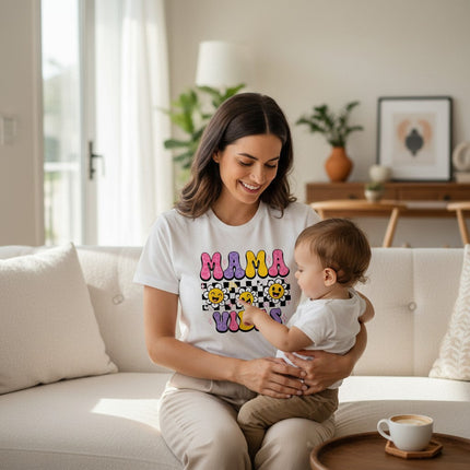 Trendy Checkerboard Mama Vibes Shirt 100% Cotton Short Sleeve Casual Aesthetic Apparel - Shaketea