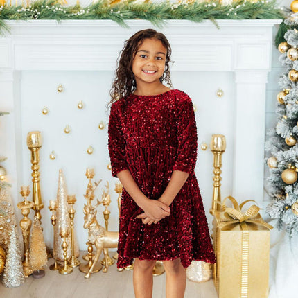 Cranberry Velvet Sequin Dress - Dashing Nova