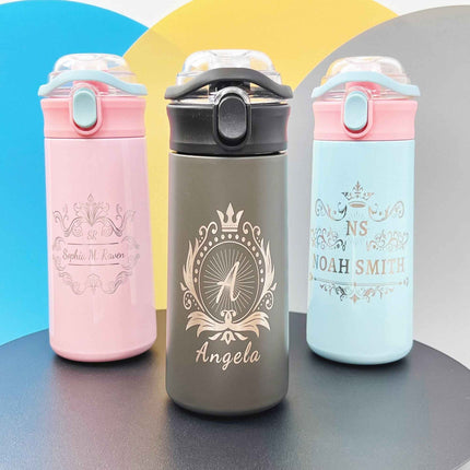 16.9 oz Custom Name Water Bottle for Kids – Crown Frame & Cute Stickers