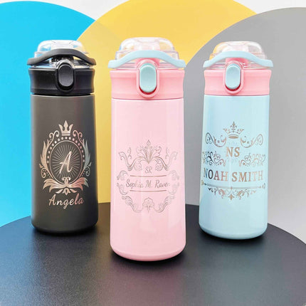 16.9 oz Custom Name Water Bottle for Kids – Crown Frame & Cute Stickers