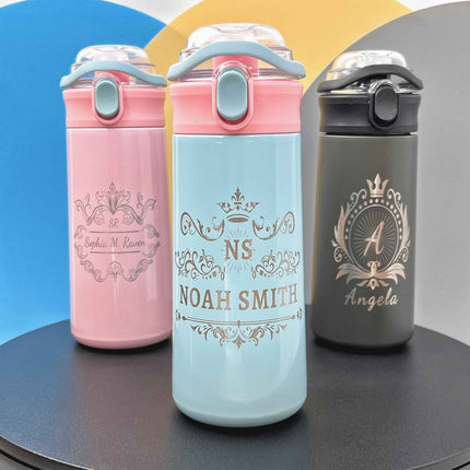 16.9 oz Custom Name Water Bottle for Kids – Crown Frame & Cute Stickers