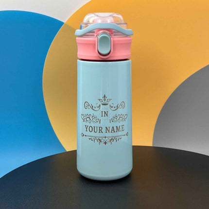 16.9 oz Custom Name Water Bottle for Kids – Crown Frame & Cute Stickers