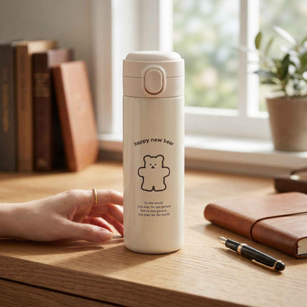 Cute Bear Travel Flask Vacuum Insulated Water Bottle Flip Top Lid