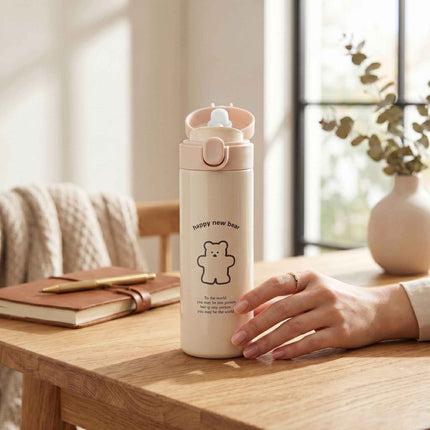 Cute Bear Travel Flask Vacuum Insulated Water Bottle Flip Top Lid