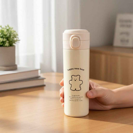 Cute Bear Travel Flask Vacuum Insulated Water Bottle Flip Top Lid