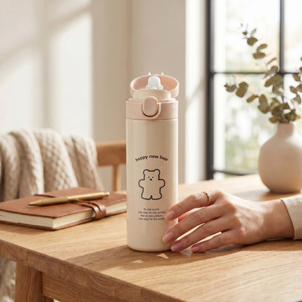 Cute Bear Water Bottle Double Wall Steel Flip Top Hydration Flask
