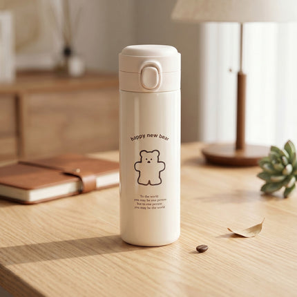 Cute Bear Water Bottle Double Wall Steel Flip Top Hydration Flask
