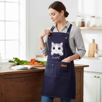 Cute Cat Apron – Durable Canvas Kitchen Apron with 3 Pockets