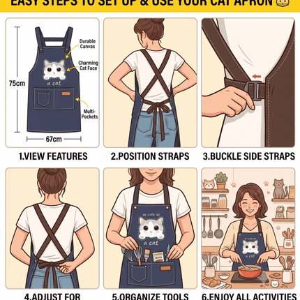 Cute Cat Apron – Durable Canvas Kitchen Apron with 3 Pockets
