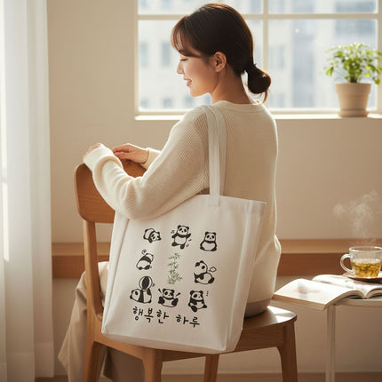 Cute Panda Tote with Zipper - Sustainable Flannel Bag with Inner Pocket