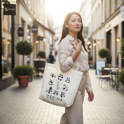 Cute Panda Tote with Zipper - Sustainable Flannel Bag with Inner Pocket