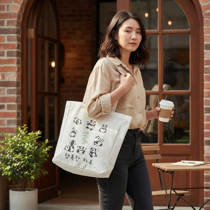 Cute Panda Tote with Zipper - Sustainable Flannel Bag with Inner Pocket