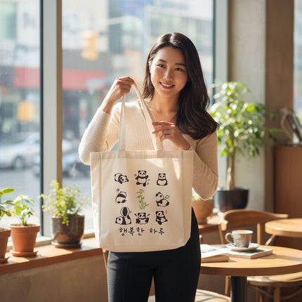 Cute Panda Tote with Zipper - Sustainable Flannel Bag with Inner Pocket