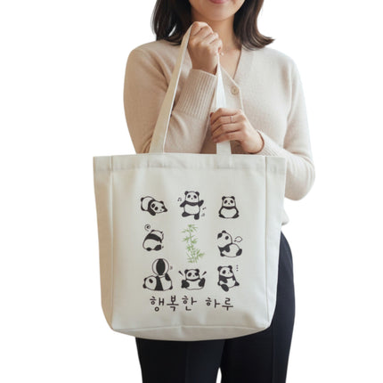 Cute Panda Tote with Zipper - Sustainable Flannel Bag with Inner Pocket