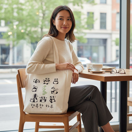 Cute Panda Tote with Zipper - Sustainable Flannel Bag with Inner Pocket
