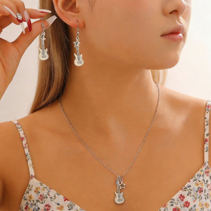 Fashion Guitar Music Instrument Necklace & Earrings Women Hip Hop Moon Star Pendant