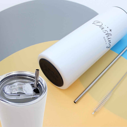 Custom Name 20 oz Skinny Tumbler – Engraved with Straw & Brush