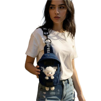 Denim Crossbody Sling Bag for Women – Small Bag with Animal Pendant