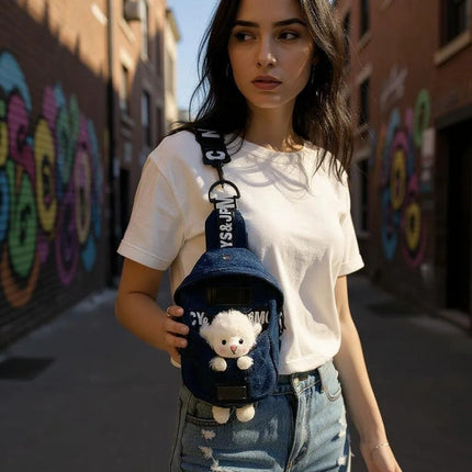 Denim Crossbody Sling Bag for Women – Small Bag with Animal Pendant
