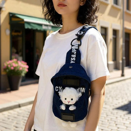 Denim Crossbody Sling Bag for Women – Small Bag with Animal Pendant