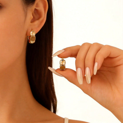 Maillard Geometric Square Coffee Crystal Circle Earrings Women Vintage Office Jewelry