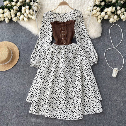 Trendy Dress with Tie Belt – French Contrast Floral Print, Two-Piece Illusion Design, Sweet Long Sleeve Frock