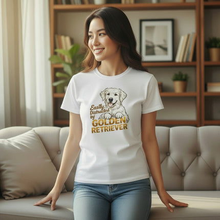 Easily Distracted By Golden Retriever Women Graphic T-Shirt Cotton Pet Lover Casual Top