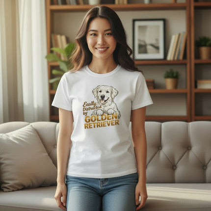 Easily Distracted By Golden Retriever Women Graphic T-Shirt Cotton Pet Lover Casual Top