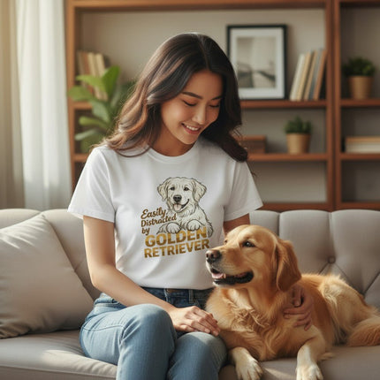 Easily Distracted By Golden Retriever Women Graphic T-Shirt Cotton Pet Lover Casual Top