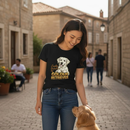 Easily Distracted By Golden Retriever Women Graphic T-Shirt Cotton Pet Lover Casual Top - Shaketea