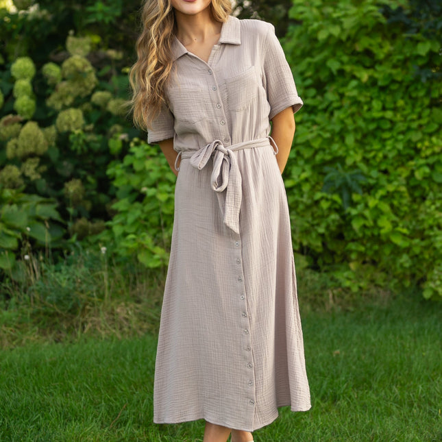 Essential Taupe Short Sleeve Gauze Shirt Dress