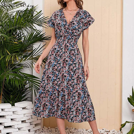 Women Summer Chiffon Floral Print Long Dress Short Sleeve Elegant V Neck Elastic Waist Holiday Beach Dress