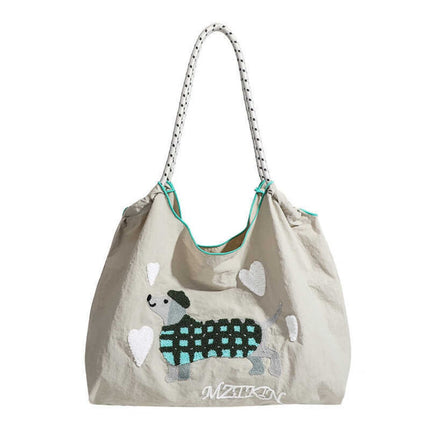 Large Capacity hobo bag with Embroidered Dog pattern, Shoulder bag Nylon, Shoulder shoulder Bag, Commuter hobo Bag Female