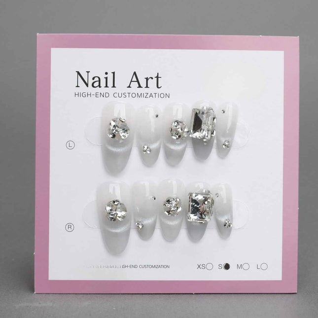 White Rhinestone Coffin Acrylic Cat Eye Nails