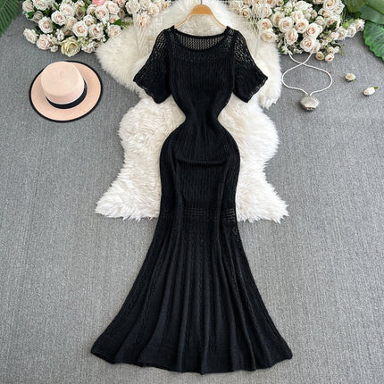 Vintage Hollow-Out Knit Dress – Women's Summer Elegant Tie-Waist A-Line Midi, Fishtail Slim-Fit Gown