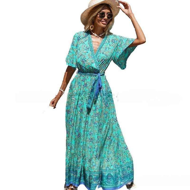 Women's V-Neck Tie-Waist Printed Bohemian Dress Short Sleeve Floral Maxi Dress Summer
