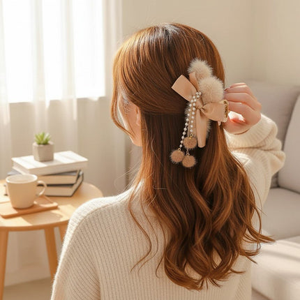 Faux Fur Bow Hair Claw Clips 2 Pack Pearl Dangle Tassel