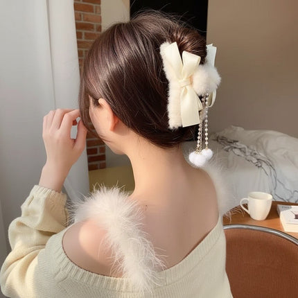 Faux Fur Bow Hair Claw Clips 2 Pack Pearl Dangle Tassel