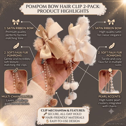 Faux Fur Bow Hair Claw Clips 2 Pack Pearl Dangle Tassel