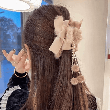 Faux Fur Bow Hair Claw Clips 2 Pack Pearl Dangle Tassel