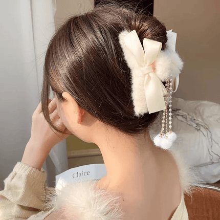 Faux Fur Bow Hair Claw Clips 2 Pack Pearl Dangle Tassel