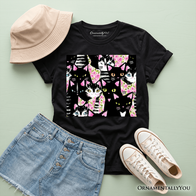 Floral Cat Pattern Kids T-Shirt, Cute Kitten Collage Tee for Youth Girls