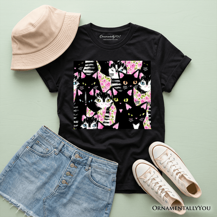 Floral Cat Pattern Kids T-Shirt, Cute Kitten Collage Tee for Youth Girls