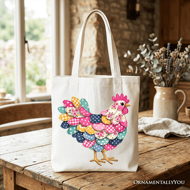 Floral Chicken Printed Faux Patchwork Tote Bag, Coquette Hen Farmhouse Gift Shopper