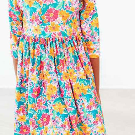 Floral Fiesta 3/4 Sleeve Pocket Twirl Dress